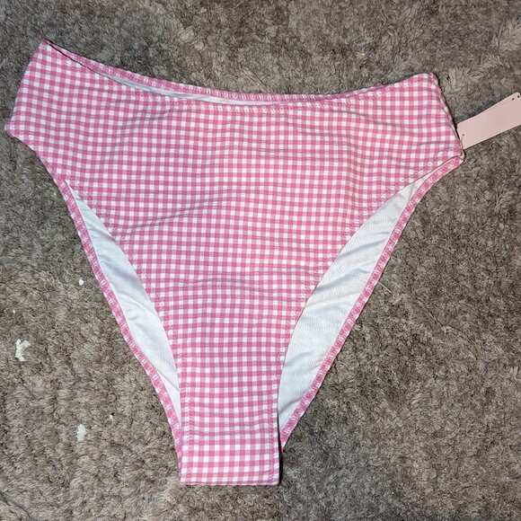 Victoria Secret Swim Bikini Bottom High Waist Cheeky Pink White Gingham - Size M - Picture 1 of 5